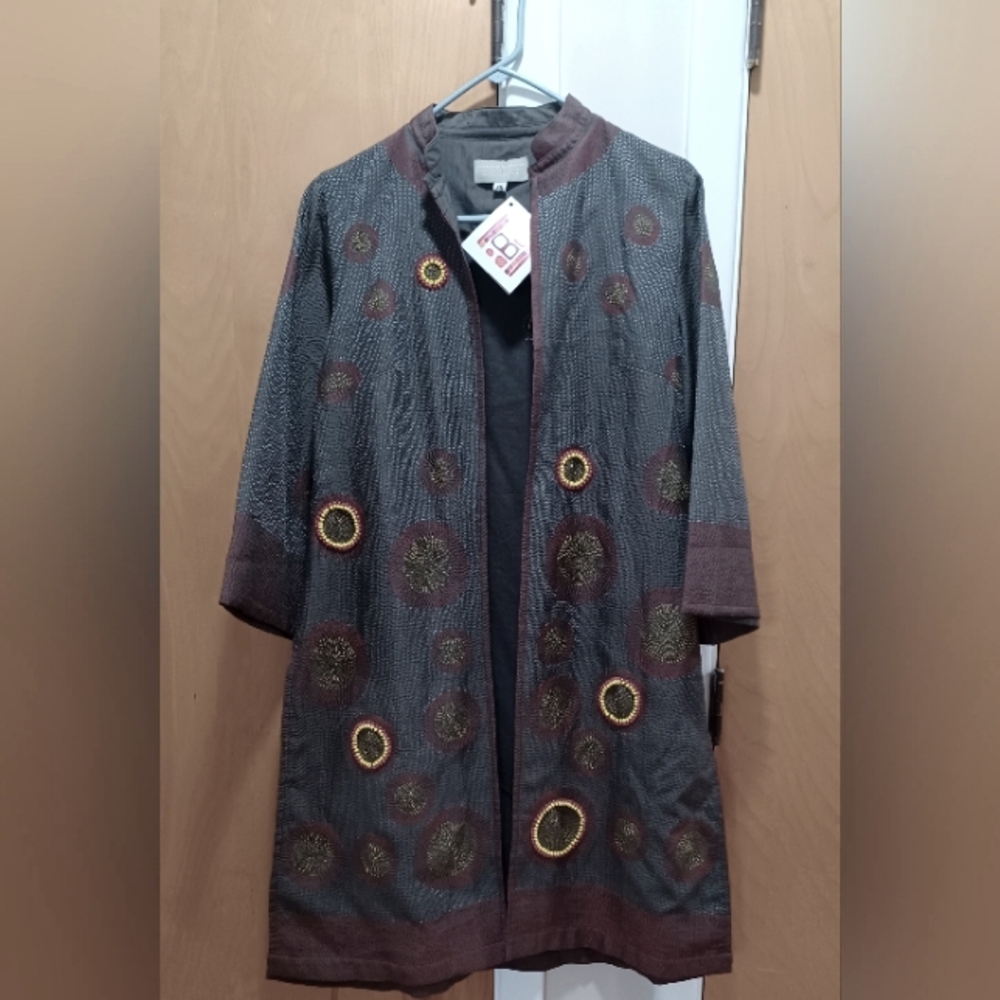 Handcrafted Kantha Silk Kimono Jacket Bead Charlotte Moss IBU Clothing Grey XS